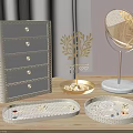 Elegant Jewelry Storage Trays Tree Stand Mirror Drawer Cabinet with Golden Accents and Marble Base