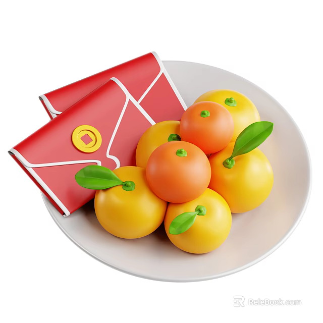 Fresh Orange and Tangerine Fruits with Green Leaves on White Plate and Red Envelopes 3d model 