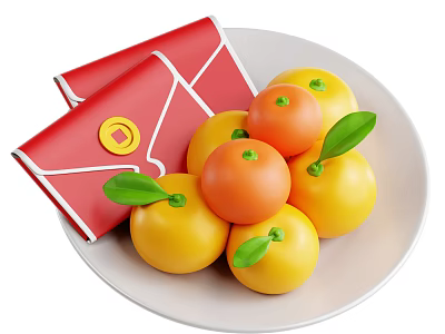 Fresh Orange and Tangerine Fruits with Green Leaves on White Plate and Red Envelopes 3d model