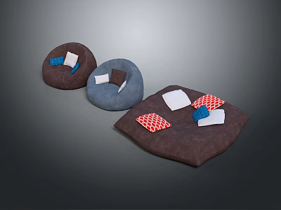 Cozy Bean Bag Chairs in Brown Blue Dark Brown with Blue White Red Checkered Pillows 3d model