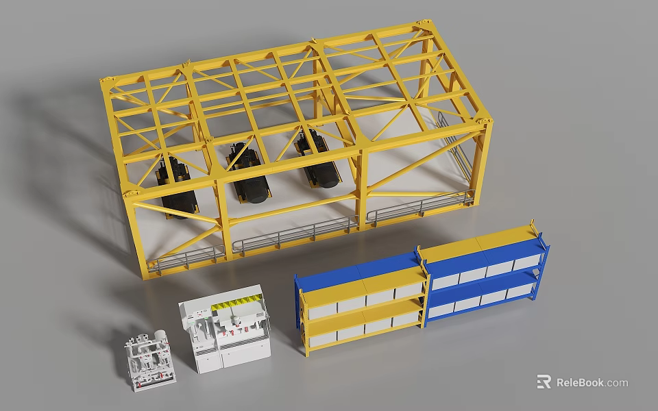 Industrial Equipment With Yellow Metal Frame Black Components Blue Yellow Container Structures And White Control Units 3d model 