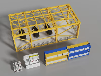 Industrial Equipment With Yellow Metal Frame Black Components Blue Yellow Container Structures And White Control Units 3d model
