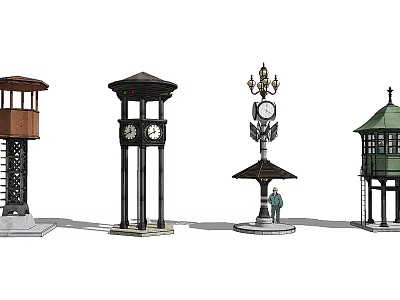 Different Types Of Roadside Facilities Including Clock Towers Street Lamps And Watchtowers 3d model