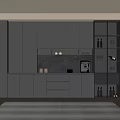 Modern Kitchen Interior With Dark Cabinets Open Shelving Wine Bottles And Coffee Machine