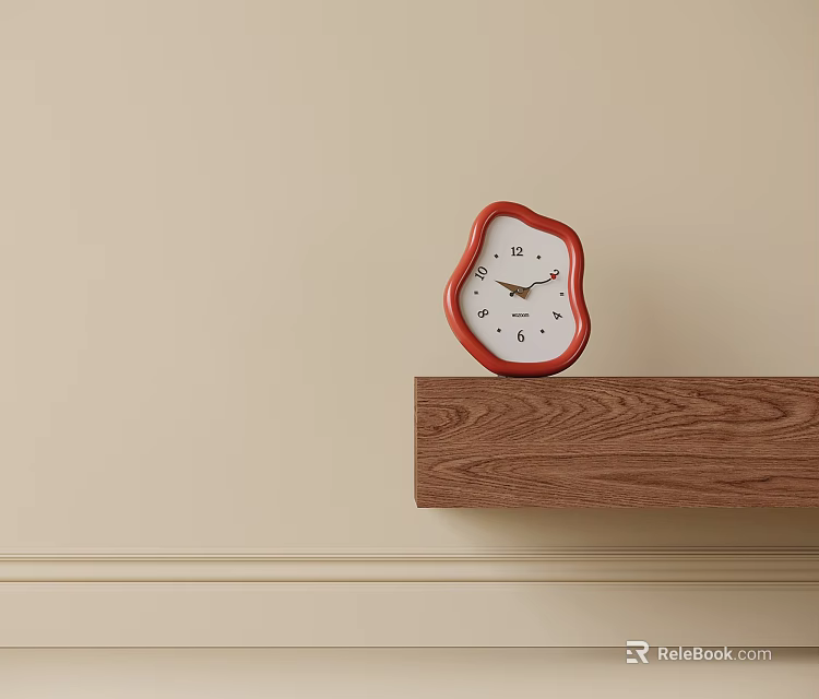 Irregular Shaped Red Frame White Dial Clock On Wooden Shelf Against Beige Wall 3d model