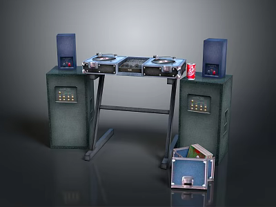 Professional Commercial DJ Equipment Setup With Dual Turntables Speakers Console And Metal Stand 3d model