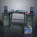 Professional Commercial DJ Equipment Setup With Dual Turntables Speakers Console And Metal Stand
