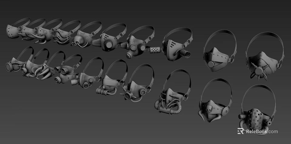 Various Gas Masks With Diverse Designs And Straps For Protective Clothing Accessories 3d model 
