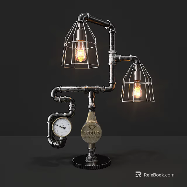 Industrial Style Table Lamp With Metal Pipe Structure Wire Cage Bulbs And Pressure Gauge 3d model 