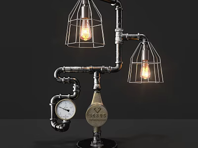 Industrial Style Table Lamp With Metal Pipe Structure Wire Cage Bulbs And Pressure Gauge 3d model