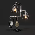 Industrial Style Table Lamp With Metal Pipe Structure Wire Cage Bulbs And Pressure Gauge