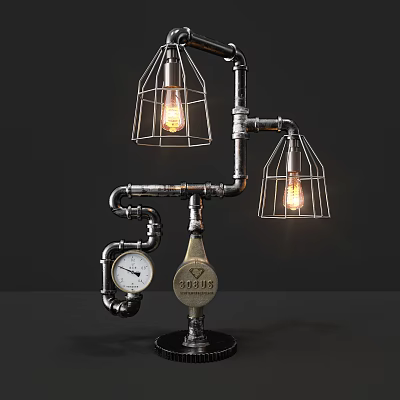 Industrial Style Table Lamp With Metal Pipe Structure Wire Cage Bulbs And Pressure Gauge 3d model