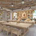 School Craft Workshop Classroom With Wooden Tables Chairs Wall Tools And Pendant Lights