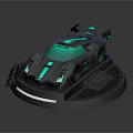 Futuristic Gray Race Car With Teal Accents And Neon Lights On Display Stand