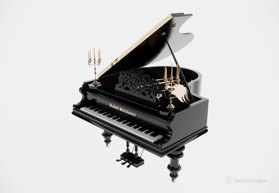 Black Classical Grand Piano Musical Instrument With Open Lid And Decorative Candlesticks 3d model 