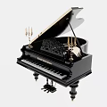 Black Classical Grand Piano Musical Instrument With Open Lid And Decorative Candlesticks