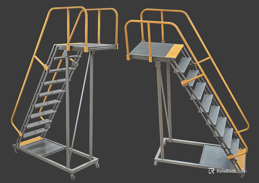 Industrial Metal Staircase With Yellow Handrails And Mobile Wheels Design 3d model 
