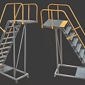 Industrial Metal Staircase With Yellow Handrails And Mobile Wheels Design