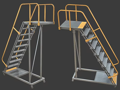 Industrial Metal Staircase With Yellow Handrails And Mobile Wheels Design 3d model