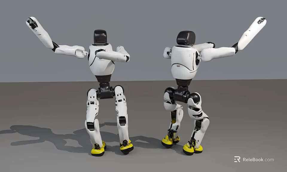 Smart Bipedal Robots Design With White Black Body Yellow Feet And Extended Arms 3d model 