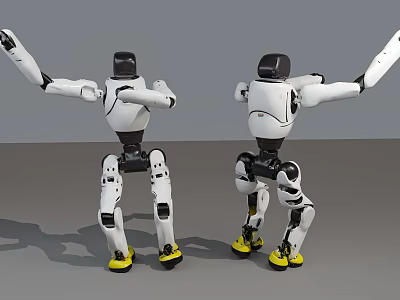 Smart Bipedal Robots Design With White Black Body Yellow Feet And Extended Arms 3d model