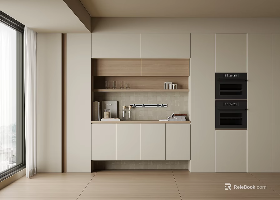 Modern Sideboard Design With Light Wood White Cabinets Open Shelves Glassware And Built-in Oven 3d model 