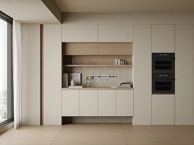 Modern Sideboard Design With Light Wood White Cabinets Open Shelves Glassware And Built-in Oven 3d model