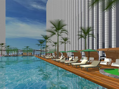 Luxury Resort Pool Area With Tall Buildings Palm Trees And Sun Loungers 3d model