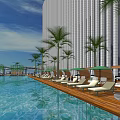 Luxury Resort Pool Area With Tall Buildings Palm Trees And Sun Loungers