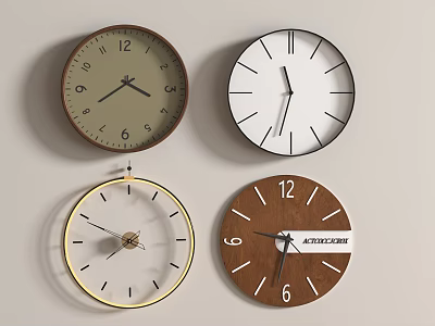 Four Decorative Wall Clocks With Various Designs Hanging On White Wall 3d model
