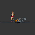 Red Haired Female Character In Red Skirt With Orange Creature On Broken Gray Tile Ground
