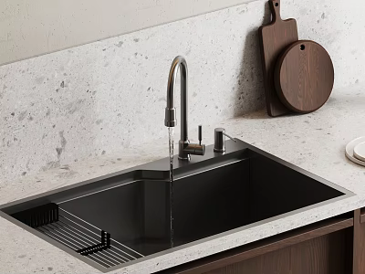Modern Kitchen Sink With Sleek Faucet White Textured Countertop Wooden Cutting Boards And Plate 3d model
