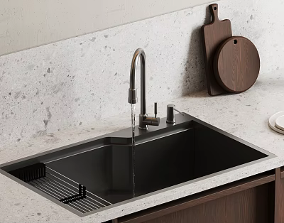 Modern Kitchen Sink With Sleek Faucet White Textured Countertop Wooden Cutting Boards And Plate 3d model