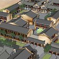 Traditional Ancient Chinese Architecture In Desert With Palm Trees Plaza And People