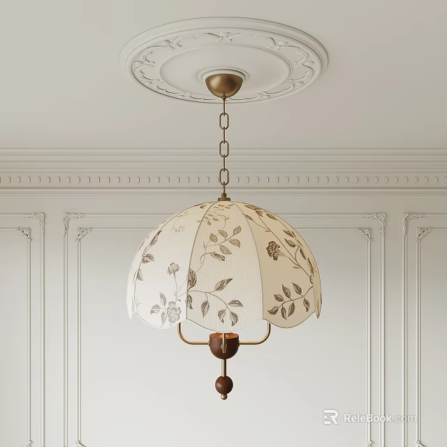 Classic White Chandelier with Brown Floral Patterns Chain Hung from Ornate Ceiling White Walls Moldings 3d model 