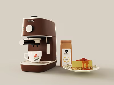 Kitchen Appliance Coffee Machine with Coffee Cup Beans and Dessert on Plate 3d model