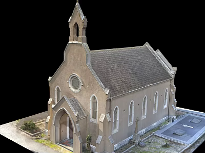 Traditional Church Building With Steeple Tower Brown Exterior Gray Roof Round Window And Arched Doorway 3d model