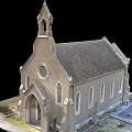 Traditional Church Building With Steeple Tower Brown Exterior Gray Roof Round Window And Arched Doorway