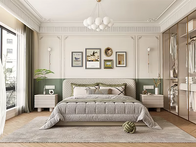 Modern Bedroom Interior Design With Framed Artworks Chandelier Bedside Tables Rug And Wardrobe 3d model