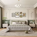Modern Bedroom Interior Design With Framed Artworks Chandelier Bedside Tables Rug And Wardrobe