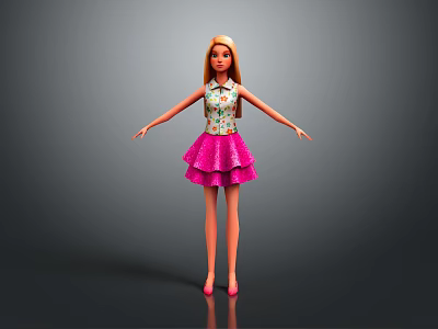 Cute Animated Game Movie Character with Blonde Hair Floral Top and Pink Layered Skirt 3d model