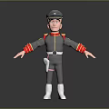 Cartoon Figure In Gray Uniform Red Cuff Details Black Cap White Belt Open Arms Pose