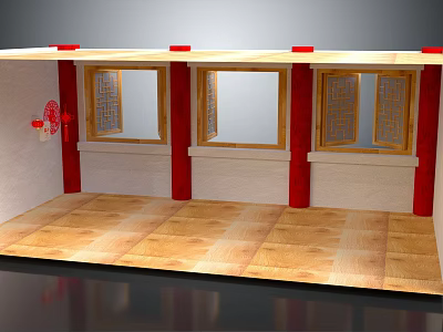 Traditional Interior With Casement Windows Red Frames Wooden Lattice Design And Wooden Flooring 3d model