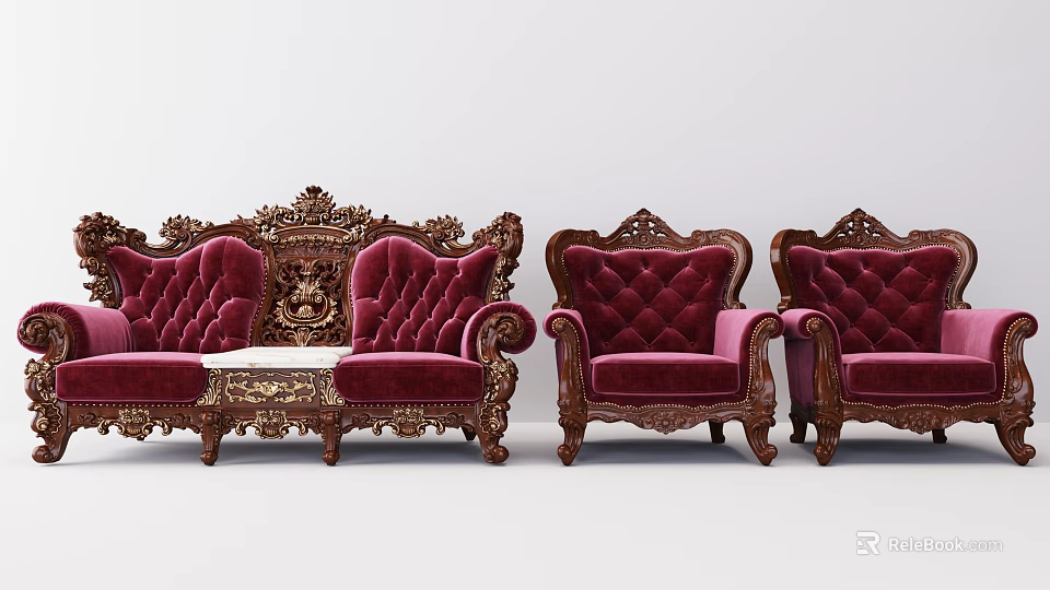 Ornate Red Velvet Sofa Set In Classical Style With Carved Wooden Frame And Armchairs 3d model 