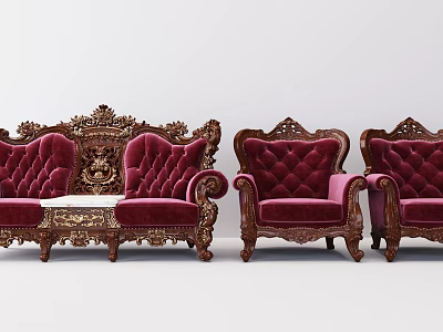 Ornate Red Velvet Sofa Set In Classical Style With Carved Wooden Frame And Armchairs 3d model
