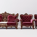 Ornate Red Velvet Sofa Set In Classical Style With Carved Wooden Frame And Armchairs