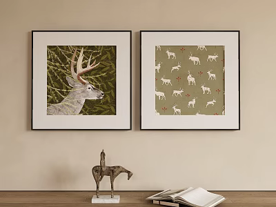 Abstract Paintings with Deer Branches and Repeating Pattern on Wall Wooden Sculpture and Books Below 3d model