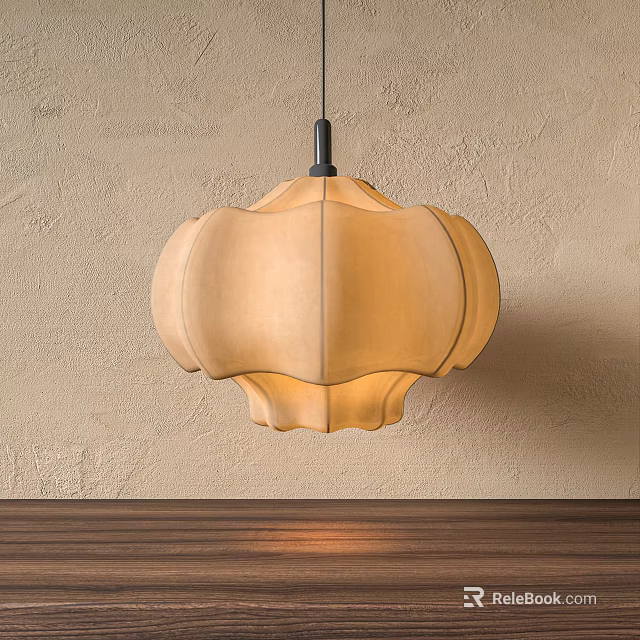 Elegant Petal Shaped Beige Fabric Pendant Light with Warm Lighting Against Textured Wall 3d model 