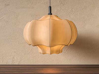Elegant Petal Shaped Beige Fabric Pendant Light with Warm Lighting Against Textured Wall 3d model