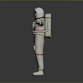 Man Wearing White Astronaut Suit With Red Stripes Arms Outstretched On Gray Background